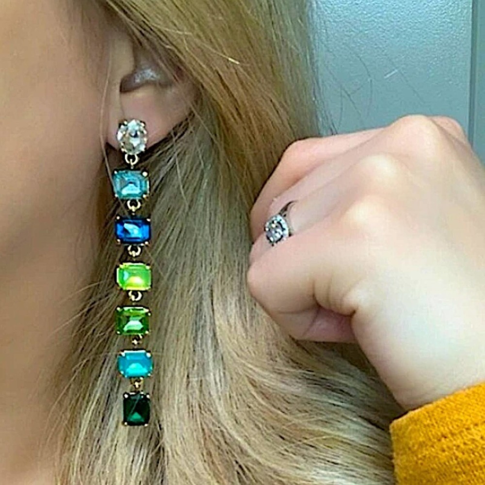 Antique Gold Emerald Cut Crystal Opal Sapphire Aquamarine Tassel Drop Earrings - Picture 2 of 12